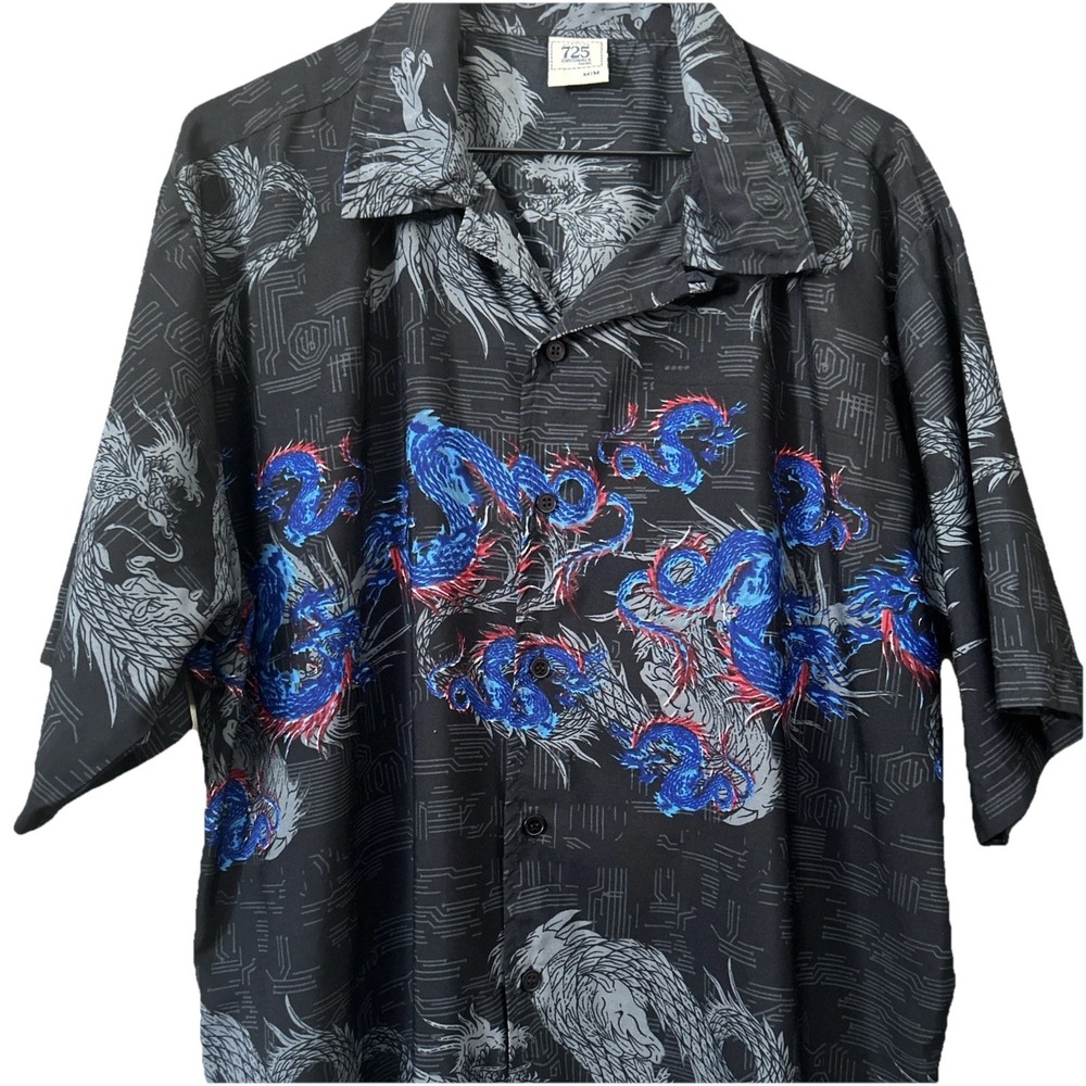 725 Originals — Y2K Style M Short Sleeve Button‎ Up Shirt Dragon